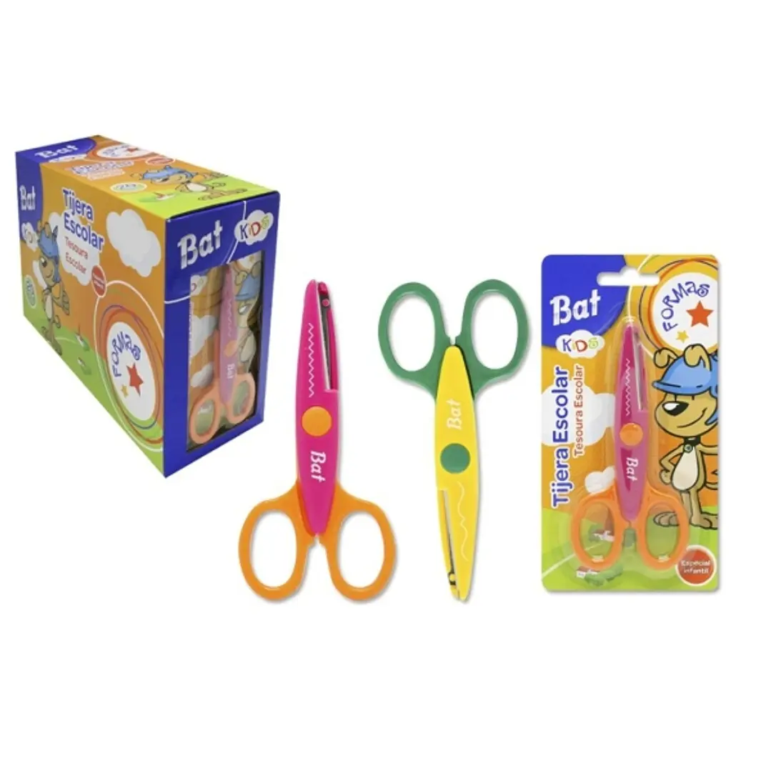 Bismark Kids Bat Formas Tijera Escolar - Hojas con Forma para Diferenrtes Tipos de Corte - Mangos en Plastico - Punta Roma - 2 Diseños Surtidos 1