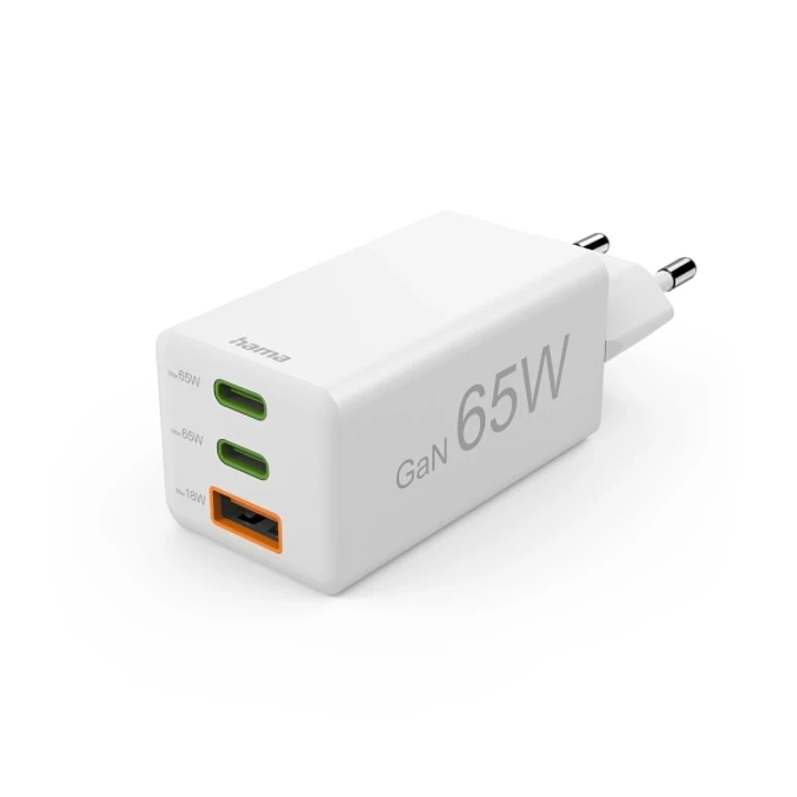 Hama Cargador de Pared - Potencia 65W - 2x USB-C - USB-A - Power Delivery - Qualcomm - GaN - Color Blanco 1