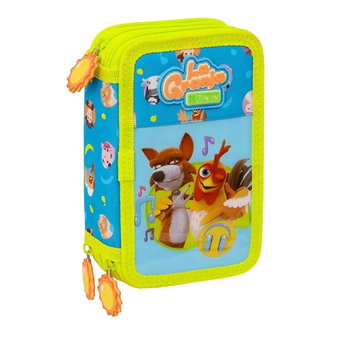 Safta la Granja de Zenon Plumier de 3 Pisos - 37 Piezas - Goma - Lapiz - 2 Boligrafos - Sacapuntas - 2 Reglas - 16 Colores - 14 Rotuladores - 12.5x19. 1