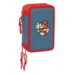 Safta Super Mario Plumier de 3 Pisos - 37 Piezas - Goma - Lapiz - 2 Boligrafos - Sacapuntas - 2 Reglas - 16 Colores - 14 Rotuladores - 12.5x19.5x5.5cm