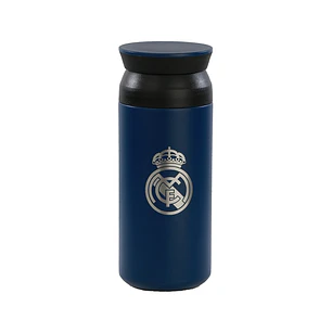 Safta Real Madrid Vaso de Acero Inoxidable 350mL - Doble Pared - Base de Silicona - Acero Inoxidable - Tapa - 12H Caliente / 24H Frio - 17.2x6.8x6.8cm