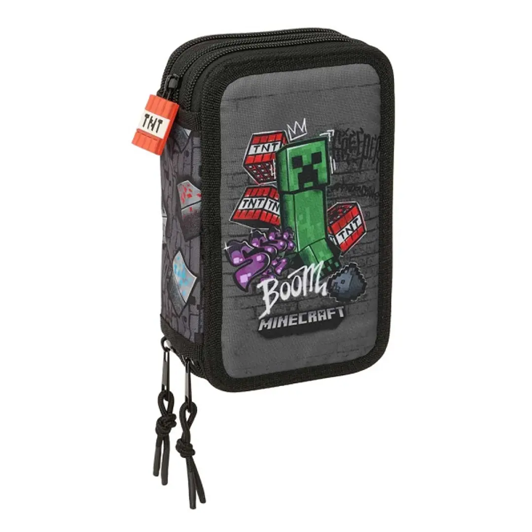 Safta Minecraft Graffiti Plumier de 3 Pisos - 37 Piezas - Goma - Lapiz - 2 Boligrafos - Sacapuntas - 2 Reglas - 16 Colores - 14 Rotuladores - 12.5x19. 1