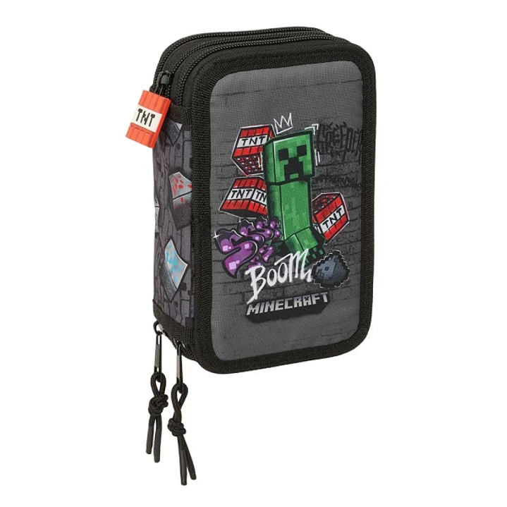 Safta Minecraft Graffiti Plumier de 3 Pisos - 37 Piezas - Goma - Lapiz - 2 Boligrafos - Sacapuntas - 2 Reglas - 16 Colores - 14 Rotuladores - 12.5x19. 1