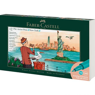 Faber-Castell Pitt Artist Pen Brush City Collection New York Estuche con 12 Rotuladores Punta Pincel - Tinta Pigmentada - Alta Resistencia a la Luz - 