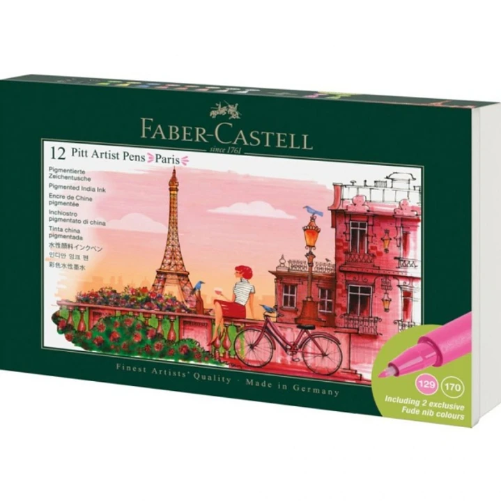 Faber-Castell Pitt Artist Pen Brush City Collection Paris Estuche con 12 Rotuladores Punta Pincel - Tinta Pigmentada - Alta Resistencia a la Luz - No  1
