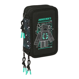 Safta Minecraft Screen Plumier de 3 Pisos - 37 Piezas - Goma - Lapiz - 2 Boligrafos - Sacapuntas - 2 Reglas - 16 Colores - 14 Rotuladores - 12.5x19.5x