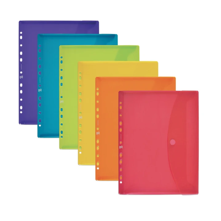 Oxford Sobre Portadocumentos Multitaladro A5 - Capacidad para 25 Hojas - Cierre de Velcro - 11 Taladros - Plastico Flexible Translucido - Colores Surt 1