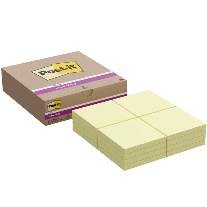 Post-It Super Sticky Pack de 16 Blocs de 90 Notas Adhesivas Reposicionables - 76x76mm - Color Amarillo Claro 1
