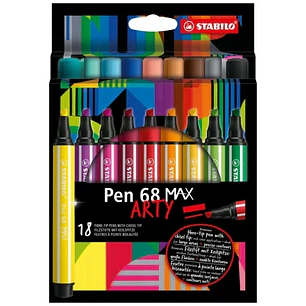 Stabilo Pen 68 MAX Arty Pack de 18 Rotuladores - Punta de Fibra Biselada - Trazo entre 1-5mm aprox. - Tinta a Base de Agua - Colores Surtidos