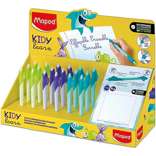 Maped Kidy Lern Magic Expositor con 18 Boligrafos Borrables con Guia para Dedos - Modelos Tiburon, Conejo y Camaleon - Tinta Color Azul - Recomendado 