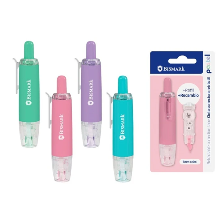 Bismark Pastel Cinta Correctora Retractril 5mmx6m + Recambio - Perfecta Adherencia al Papel - Presentacion en Blister - Cuerpo de Colores Pastel Surti 1