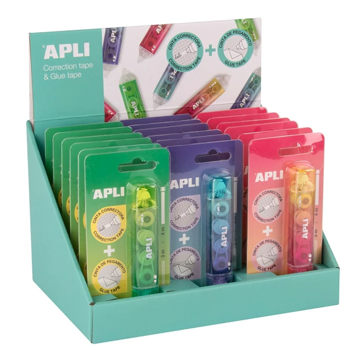 Apli Correct & Glue Expositor de 18 Correctores + Adhesivo 2 en 1 - Aplicacion Limpia y Precisa - Rapida Cobertura - Cuerpo en Colores Surtidos 1