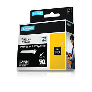 Dymo Rhino ID1-12 Cinta de Etiquetas Original para Rotuladora - Texto Negro sobre Fondo Transparente - Ancho 12mm x 5.5 metros - 622289