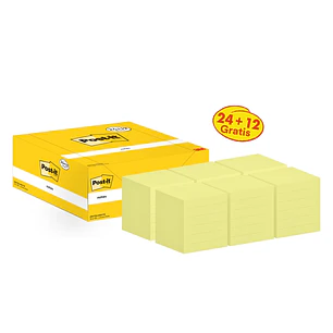 Post-It Pack de 36 Blocs de 100 Notas Adhesivas Reposicionables - Forma Cuadrada - 76x76mm - Color Amarillo Claro