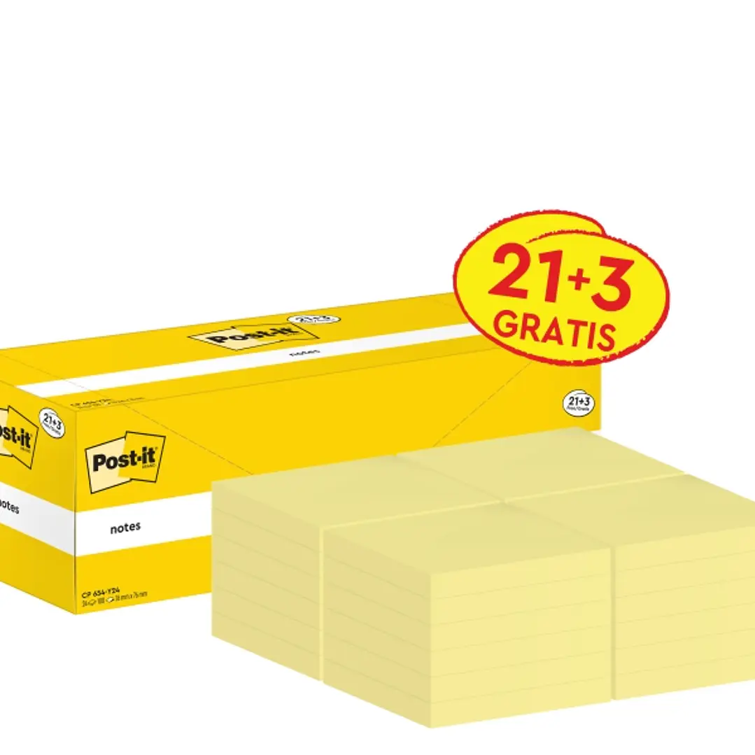 Post-It Pack de 24 Blocs de 100 Notas Adhesivas Reposicionables - Forma Cuadrada - 76x76mm - Color Amarillo Claro 1