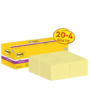 Post-It Super Sticky Pack de 24 Blocs de 90 Notas Adhesivas Reposicionables - 76x76mm - Promocion 20 Blocs + 4 Gratis - Paquete de Carton - Color Amar