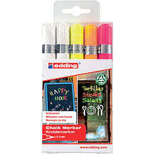 Edding 4095 Pack de 5 Rotuladores de Tiza Liquida - Punta Redonda - Trazo 2-3mm - Olor Neutro - Colores Blanco x2, Amarillo, Naranja y Rosa