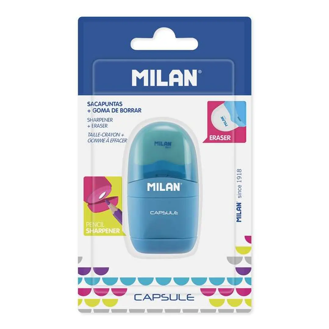 Milan Capsule Afilaborras - Sacapuntas y Goma de Borrar - Cuchilla de Acero al Carbono - Para todo tipo de Lapices - Cuchilla de Seguridad - Colores S 1