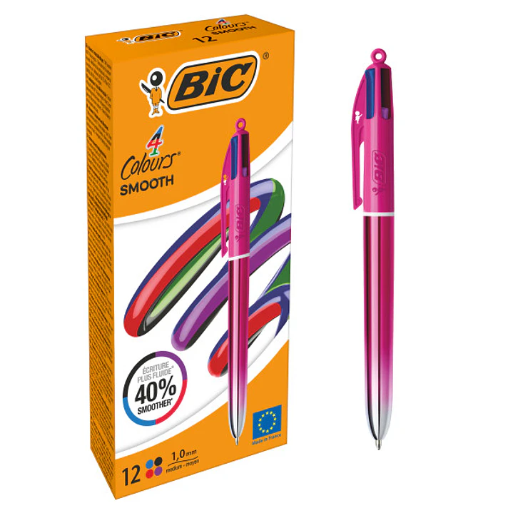 Bic 4 Colours Smooth Gradient Rosa Boligrafo de Bola Retractil - Punta Media de 1.0mm - Escritura un 40% mas Suave - 4 Colores de Tinta 1