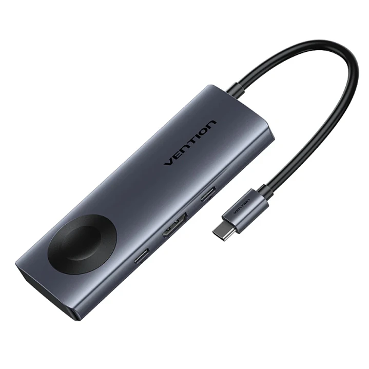 Vention Estacion de Docking 6 en 1 - 100W - Cable USB-C de 15cm Integrado - HDMI 4K - 2xUSB-C - 2xUSB-A - Power Delivery - Cargador Inalambrico - Colo 1