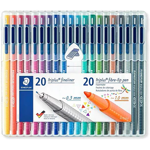 Staedtler Triplus Pack de 20 Rotuladores de Punta Fina 0.3mm + 20 Rotuladores de Punta Fibra 1mm - Capuchon con Clip - Colores Surtidos