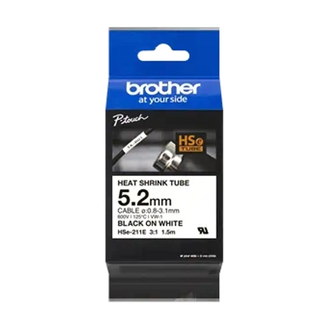 Brother HSE211E Cinta Tubo Termorretractil Original de Etiquetas para Cables - Texto negro sobre fondo blanco - Ancho 5.2mm x 1.5 metros - Cable recom 1