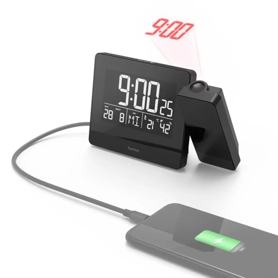 Hama Plus Charge Reloj Despertador Digital con Proyector - Termometro - Higrometro - Funcion de Carga USB-A - Radio - 15x4.5x9.5cm - Color Negro 1