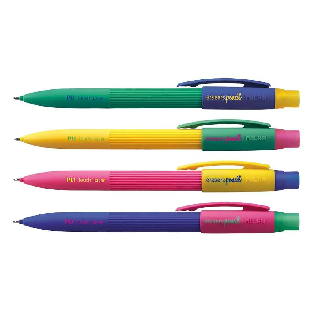 Milan PL1 Expositor de 20 Portaminas - Mina 0.9mm 2B Grafito - Goma Milan Extra Larga - Colores Surtidos 1