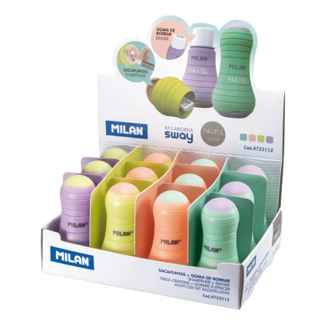 Milan Sway Pastel Expositor de 12 Afilaborras con Goma de Borrar - Sacapuntas Con Deposito y Cuchilla de Seguridad - Colores Surtidos 1