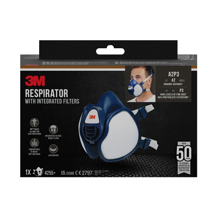 3M Mascarilla de Media Cara - Filtros Integrados - Proteccion Contra Vapores Organicos - Reutilizable - Color Blanco/Azul 1