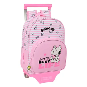 Safta Snoopy Mochila con Carro - Extraible - Portabotellas - Bolsillo Frontal - Asa de Mano - 26x34x11cm - Color Rosa