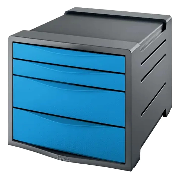 Esselte Europost Vivida Buc de 4 Cajones - 2 Medidas de Cajon - Deslizamiento Suave - Base con Goma Antideslizante - Color Gris/Azul 1