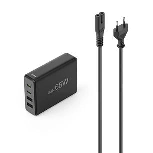 Hama Estacion de Carga USB - Potencia 65W - 2x USB-C - Cable 1.5cm - Power Delivery - Qualcomm - GaN - Color Negro