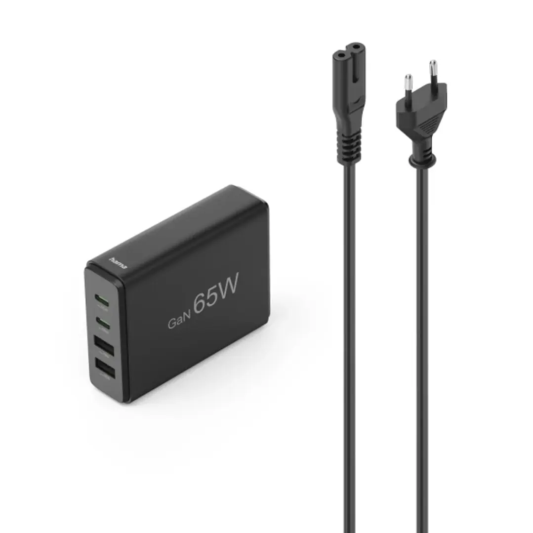 Hama Estacion de Carga USB - Potencia 65W - 2x USB-C - Cable 1.5cm - Power Delivery - Qualcomm - GaN - Color Negro 1