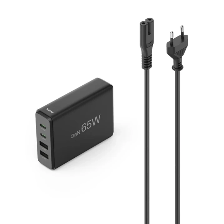 Hama Estacion de Carga USB - Potencia 65W - 2x USB-C - Cable 1.5cm - Power Delivery - Qualcomm - GaN - Color Negro 1
