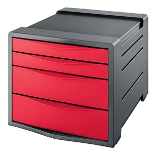 Esselte Europost Vivida Buc de 4 Cajones - 2 Medidas de Cajon - Deslizamiento Suave - Base con Goma Antideslizante - Color Gris/Rojo