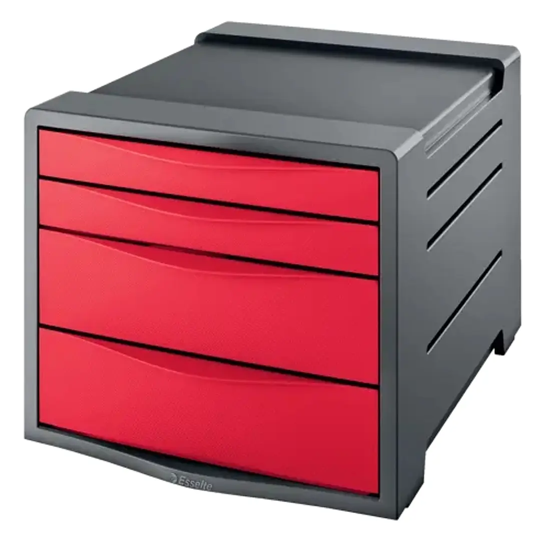 Esselte Europost Vivida Buc de 4 Cajones - 2 Medidas de Cajon - Deslizamiento Suave - Base con Goma Antideslizante - Color Gris/Rojo 1