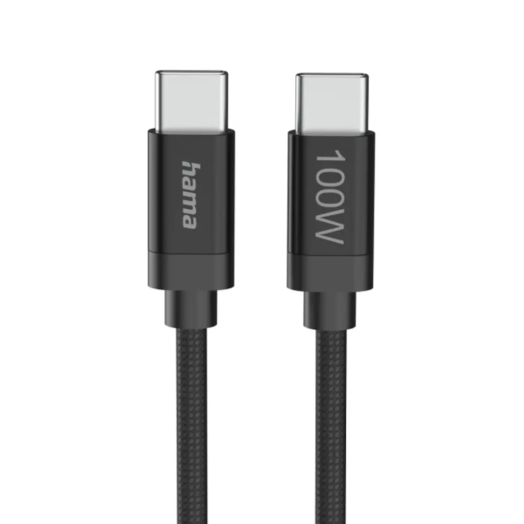 Hama Fabric Cable USB-C Macho - Potencia Maxima 100W - Longitud 3m - Nailon - Velocidad hasta 480Mbps - Blindaje Doble - Color Negro 1
