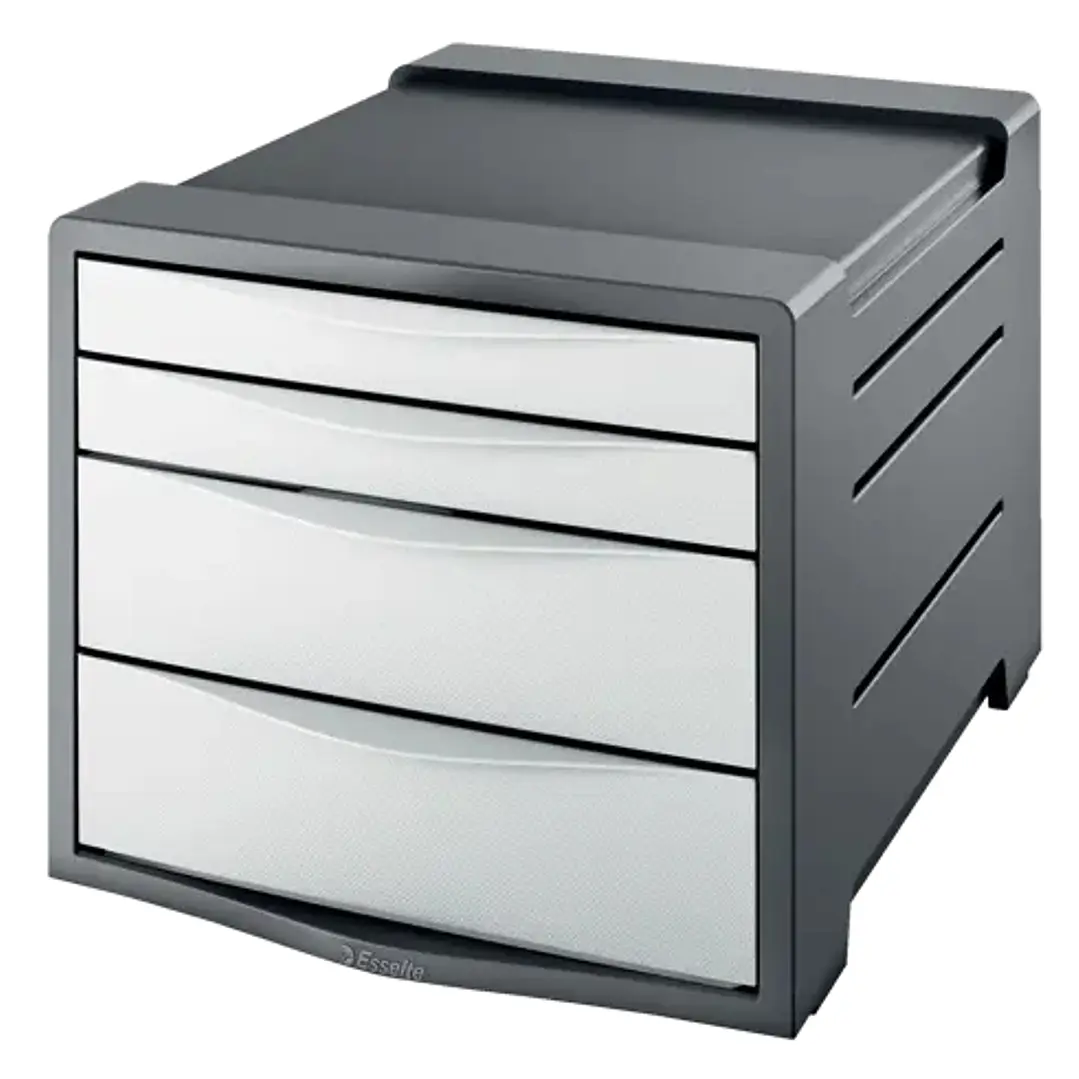 Esselte Europost Vivida Buc de 4 Cajones - 2 Medidas de Cajon - Deslizamiento Suave - Base con Goma Antideslizante - Color Gris/Blanco 1
