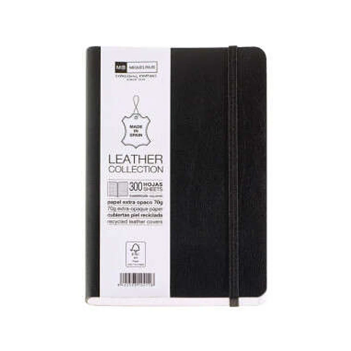 Miquel Rius Leather 1839 Cuaderno Flexible 8º 300 Hojas con Indice - Cubiertas de Piel Reciclada - Cuadricula 5x5mm - Cierre con Goma Elastica - Color 1
