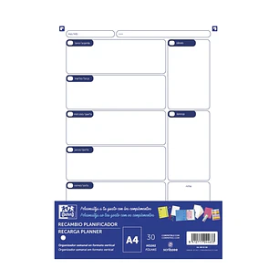 Oxford Recambio Planificador A4 30 Hojas - No Fechado - Ideal para Organizar tus Tareas Diarias - Compatible con la Mayoria de los Planificadores A4