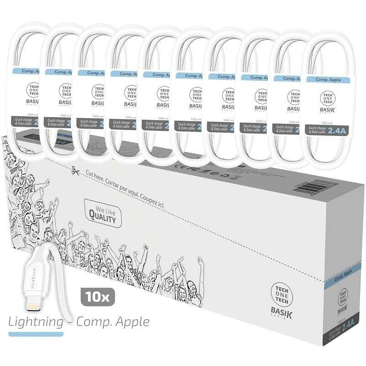 TechOneTech Basik Pack de 10 Cables USB Macho - Lightning Macho - Longitud 1m 1
