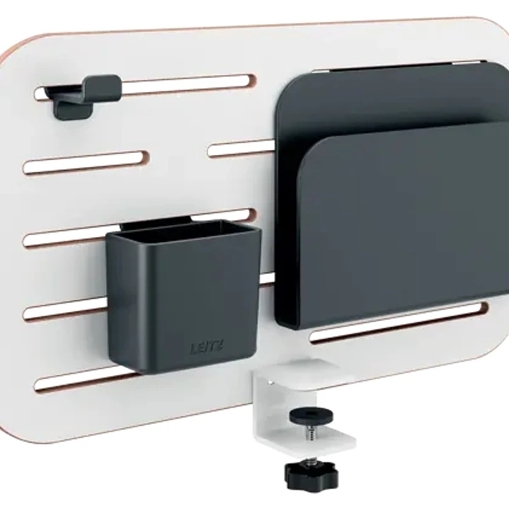 Leitz Ergo Panel Organizador Pequeño de Escritorio - Incluye Soporte para Boligrafos, Soporte para Blocs y Gancho para Auriculares - Color Blanco 1