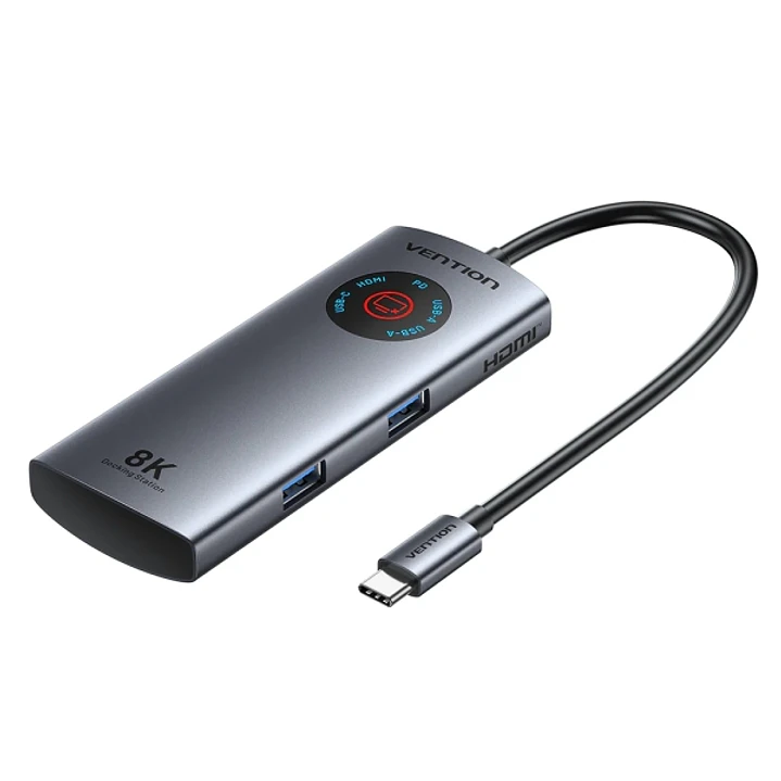 Vention Estacion de Docking 5 en 1 - 100W - Cable USB-C de 15cm Integrado - Pantalla LED - 2xUSB-C - 2xUSB-A - HDMI 8K - Power Delivery - Color Gris 1