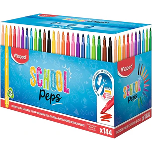 Maped Color`Peps Longlife School Pack de 144 Rotuladores con Punta Media Bloqueada 3.7mm - Tinta Lavable - Colores Surtidos