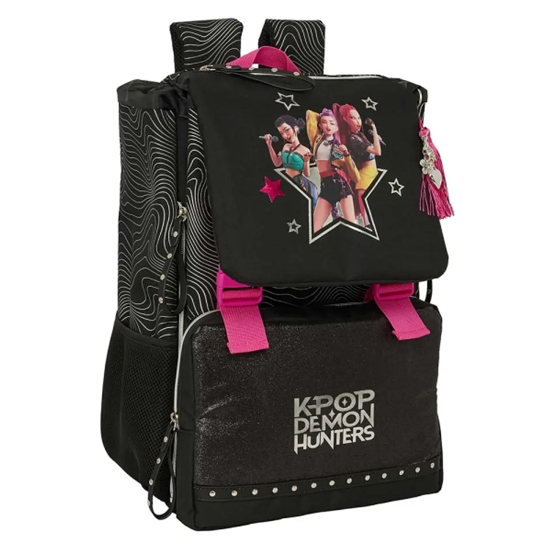 Safta K-Pop Demon Hunters Energy Mochila Extensible - Solapa - Cierre con Cordon - Portabotellas - Bolsillo Frontal - Detalles Reflectantes - Rejilla  1