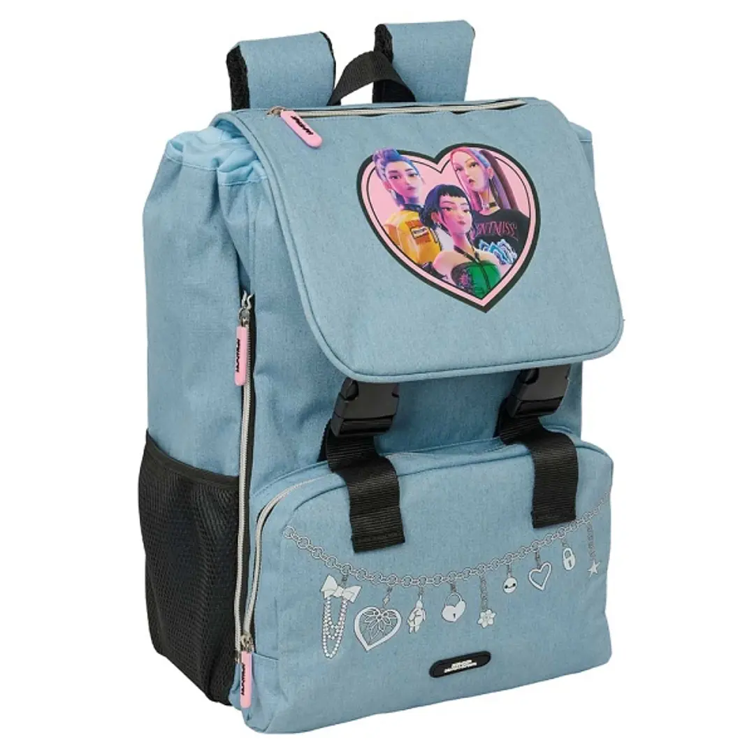 Safta K-Pop Demon Hunters Huntr/X Mochila Extensible - Solapa - Cierre con Cordon - Portabotellas - Bolsillo Frontal - Detalles Reflectantes - Rejilla 1