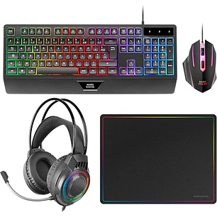 Mars Gaming MCP124PRO Combo Pack Gaming 4en1 - Teclado Hibrido H-Mech - Disposicion Portuguesa QWERTY PT - Raton 3200dpi - Alfombrilla Nanotextil - Co