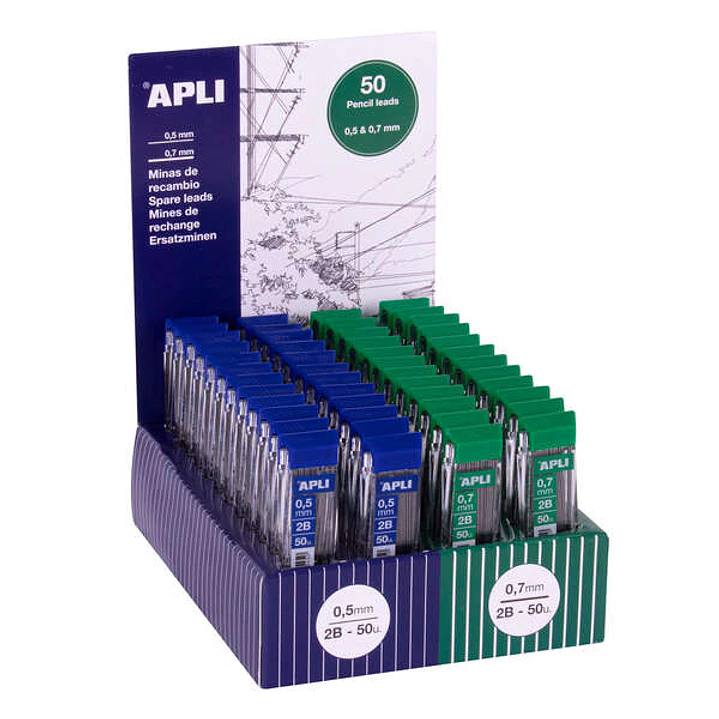 Apli Expositor de 48 Estuches de 50 Minas para Portaminas - Dureza 2B - 24 Estuches de 0,5mm y 24 Estuches de 0,7mm 1