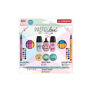 Stabilo Pastellove Pack de 35 Marcadores y Rotuladores - 12 Rotuladores Premium Pen 68 Mini, 12 Rotuladores Point 88 Mini, 6 Rotuladores Fluorescentes